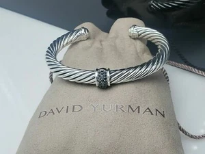David Yurman Sterling Silver 7mm Pave Black Diamond Cable Cuff Bracelet - Picture 1 of 4