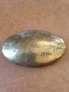 brass miners snuff box 1884 inscription Rev J L Thomas ‘ferryside’ 
