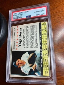 1961 Post Müsli #1 Yogi Berra handgeschliffen authentifiziert Original von PSA - Bild 1 von 2