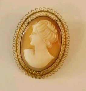 Vintage Cameo Brooch Pendant Goldtone Filigree Trim Left Facing Oval - Bild 1 von 5
