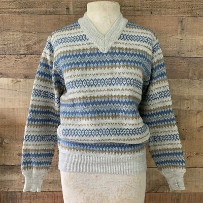 Suéter Vintage Años 70 Saltar Adelante Puño Acanalado Dobladillo Cuello en V Talla S/M Foto 1 de 4