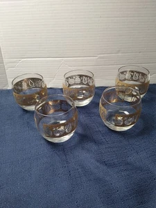 Vintage 5er Set Durchbruch MCM Florentiner Gold Obst Roly Poly Double Rocks Gläser - Bild 1 von 7
