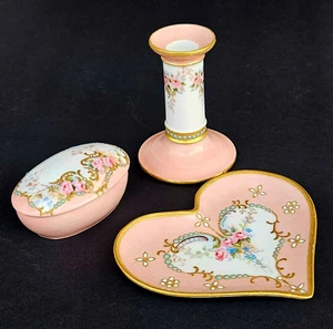 Antique Limoges WG&Co Pink Vanity Set Box Heart Dish Candlestick Signed SAK - Picture 1 of 15