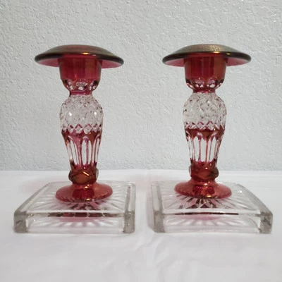 Westmoreland Waterford Ruby Bowl Candlesticks Set of 2 Pressed Glass Square Base - Image 1 of 4