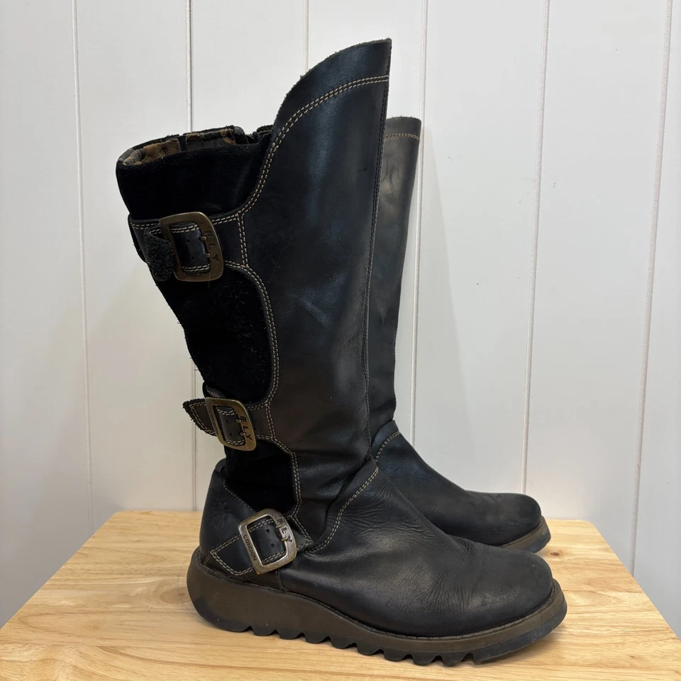 Fly London Womens Moto Biker Leather Buckle Boots Size 39 Grunge Goth Comfy Edgy - Image 1 of 4