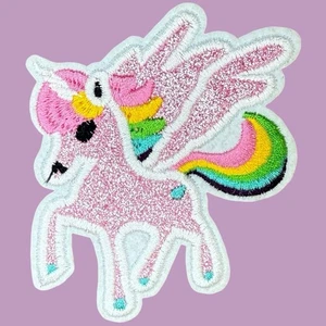PINK PEGASUS GLITTER SPARKLY FLYING UNICORN APPLIQUE IRON ON PATCH 3 x 3.5" - Picture 1 of 7