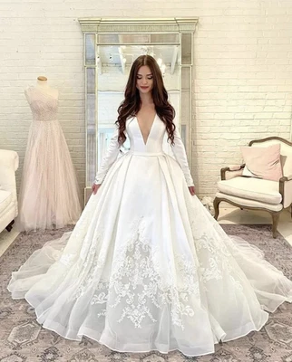 Elegant White Satin Wedding Dresses Long Sleeves Lace A Line V Neck Bridal Gowns - Image 1 of 4