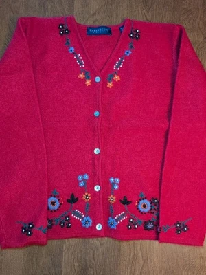 De Colección Karen Scott Cárdigan Abotonado Suéter Bordado Flores Lana Mujeres Talla XL Foto 1 de 4