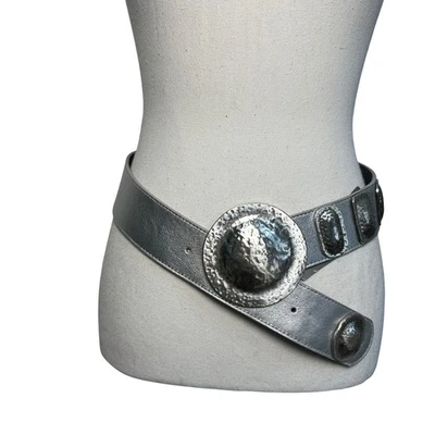 CHICOS 银色皮革声明皮带锤扣小号波西米亚西部复古大胆 — 第 1/4 张图片