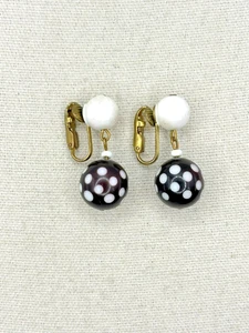 Vintage Germany Black Cherry And White Polka Dot Ball Drop Clip On Earrings - Picture 1 of 23