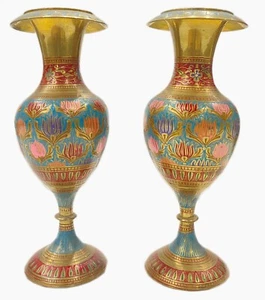 Brass Flower Pot with Carving Paint Work Flower Vase Multi Color - Picture 1 of 4