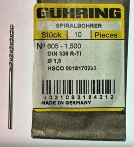 Guhring 605 1.5mm HSCO R-Ti Jobber Drill For Titanium & Stainless x 10 - Picture 1 of 4