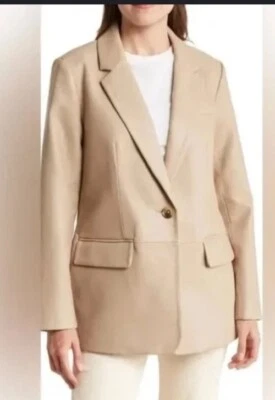 NEW BCBG Maxazria Latte Tan Faux Vegan Leather Oversized Minimalist Blazer XL - Image 1 of 4