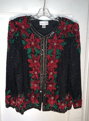 Chaqueta de Colección Lawrence Kazar Seda Lentejuelas Cuentas Flor de Pascua Talla XL d700 Foto 1 de 4