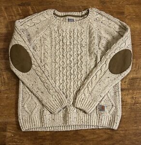 Carhartt Cable Ivory Heathered Rockspings Sweater L Part Lambs wool Elbow Patch