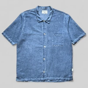 Folk Herren Garment Dyed Blau Leinen Kurzarm Knopfleiste Hemd - Größe 6 / XXL - Bild 1 von 11