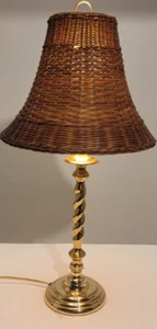 Antique 26" Brass Stick With Swirl Design Lamp w/wicker Shade - Picture 1 of 8