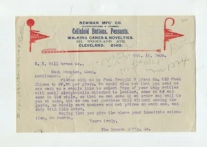 Illustrated Letterhead NEWMAN MFG CELLULOID BUTTONS PENNANTS Cleveland 1909 - Picture 1 of 1