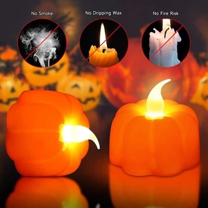 OWill 12 Stück Halloween Kürbis Teelichter flackernd flammenlos Batterie Pumpkin T - Bild 1 von 7