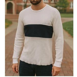 Vtg Ralph Lauren Polo Jeans Co Waffle Knit Thermal Shirt Men’s L Blue Stripe - Picture 1 of 13