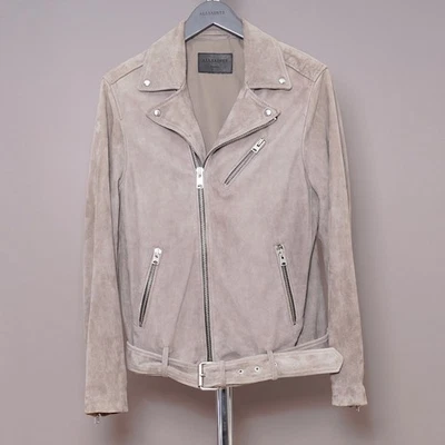 ALL SAINTS Suede Leather Jacket SMALL Mens Beige Grey S Biker Bomber Grail RIGG - Image 1 of 4