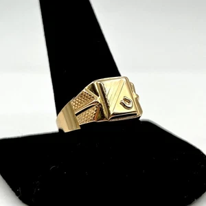 18k Yellow Gold Hollow Top Horseshoe Square Vintage Men's Ring SZ 11 (LO1009953) - Picture 1 of 11