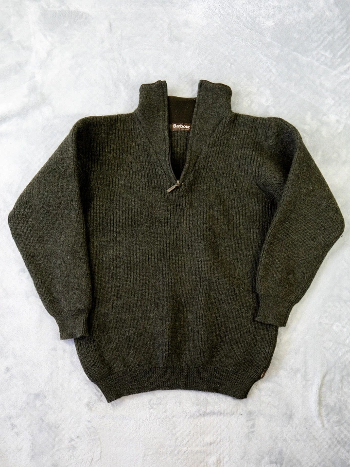 Barbour 1/4 Zip Pullover Khaki Green Men's Large Vintage Made In Scotland Wool - Image 1 of 4
