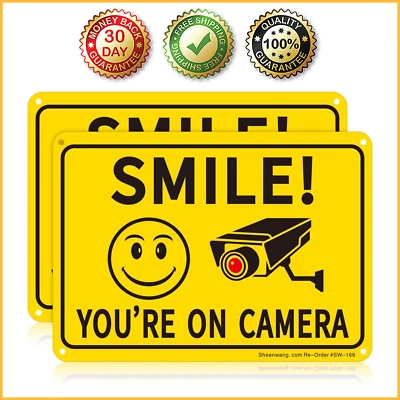 2-PACK SMILE YOU'RE ON CAMERA SIGN Outdoor CCTV Video Surveillance Warning Signs - Image 1 of 4