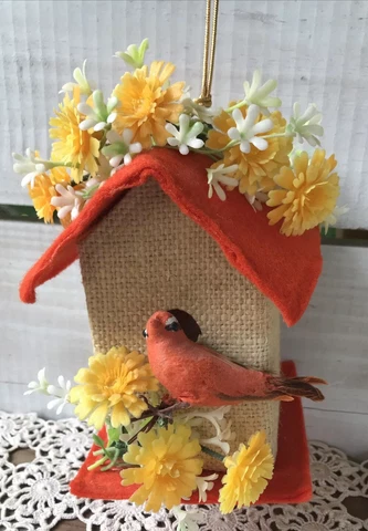 Vtg Handcrafted Orange & Yellow Felt Burlap Birdhouse Bird House Hanging Decor Cover