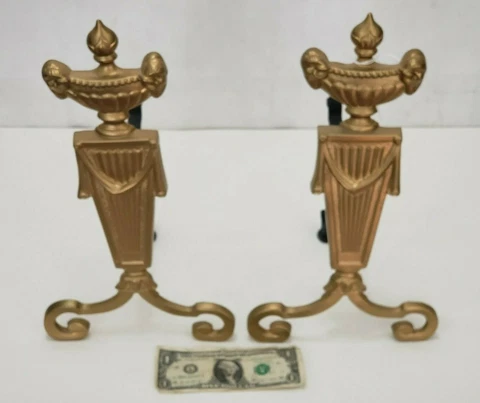 Decorative Fireplace Andiron Set - Gold Golden Greek - Short Small Fancy Formal Cover