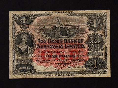 New Zealand:P-S362b,1 Pound,1905 * Queen Victoria & Britannia * F+ * Cover