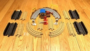 GeoTrax Track Set Tan Straights Curves Black Land Bridges Signs Building etc EUC - Picture 1 of 8