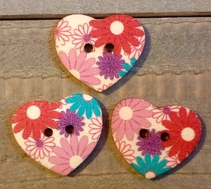 3 Floral Heart Sewing Buttons Crafting Wood 2 Hole 1" - Picture 1 of 2