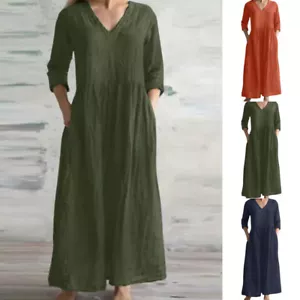 Plus Size Women V-Neck Cotton Linen Maxi Dress Kaftan Casual Baggy Long Dress - Picture 1 of 13
