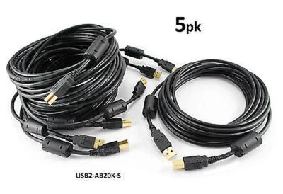 5-PACK 20ft Hi-Speed USB 2.0 A to USB B-Type Printer Cable w/ Ferrite Cores, BK - Image 1 of 2