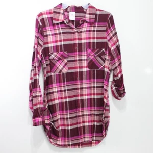 No Boundaries Plaid Woven Shirt Juniors S Pink Snap Closures Longer Length - Picture 1 of 5