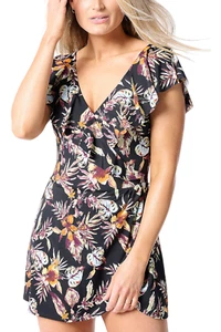 Denim & Co. Beach Surplice Flounce Sleeve Swim Dress BlkPaintedTrpcl - Picture 1 of 1