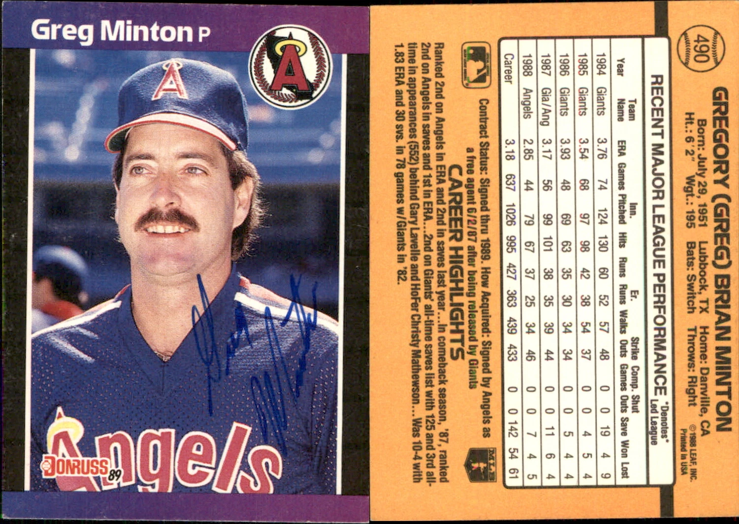 Greg Minton Signed 1989 Donruss #490a Card California Angels Auto AU