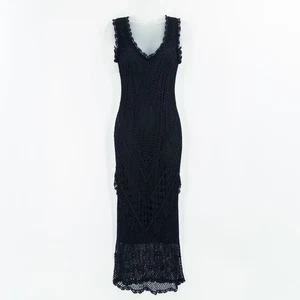 VTG Whimsigoth Black Crochet Beaded Maxi Dress M Goth Formal Tight Dark Romantic - Picture 1 of 13