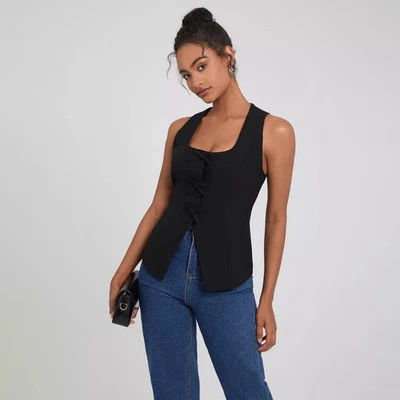 Women's Square Neck Sleeveless Front Bow Tie Closure Vest Top - A - Image 1 of 4