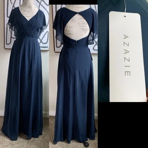 Vestido de Dama de Honor Azazie Para Mujer 4 Formal Largo Gasa Cuello en V Azul Clásico Nuevo - Imagen 1 de 18