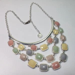 Liz Claiborne Silver Tone Multi Colored Pastel Faceted Cabochon Bib Necklace - Picture 1 of 14