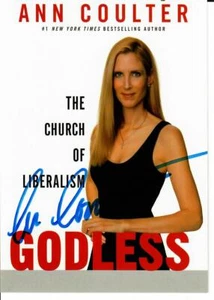 "GODLESS" Columnist Ann Coulter Hand Signed 4X6 B&W Cardstock Photo - Imagen 1 de 2