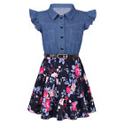 US Kids Girls Denim Dress Floral Printed Swing Skirt Dress Summer Casual Dress 