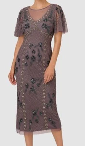 Adrianna Papell Women's Purple Bead Flutter Sleeve Dress Petite Size 6P - Picture 1 of 3