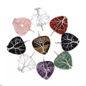 Natural Necklace Tree of Life Love Heart Pendant Quartz Wire Wrap Healing Stone - Picture 1 of 16