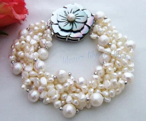 6 Strands Natural White Freshwater Baroque Pearl Bracelet 8 inch Shell Clasp - Picture 1 of 6