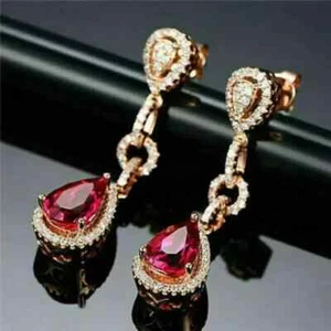 2Ct Pear Cut Lab Created Pink Ruby Drop/Dangle Earrings 14k Yellow Gold Plated - Picture 1 of 3
