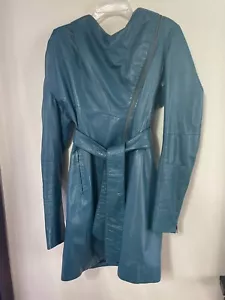Abrigo Isnova Mujer Cuero Capucha Cremallera Completa Verde Con Cinturón, Talla M/L (12-14) - Imagen 1 de 11