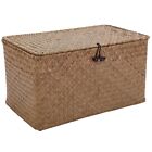 Handmade Straw Woven Storage Basket with Lid Makeup Organizer Storage Box3722